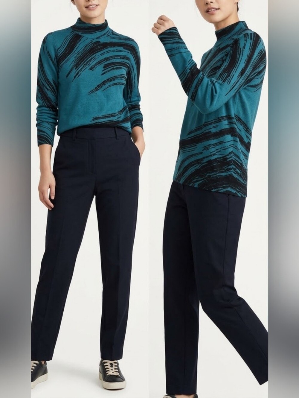 Chico's Stretch Rayon Turtleneck Sweater Teal Blue/Black Small